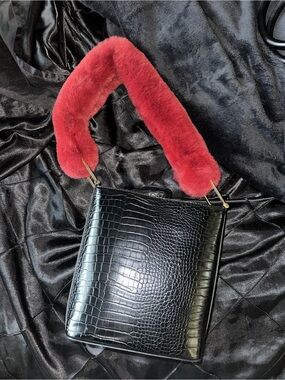 Topshop Black Croc-Embossed Shoulder Bag with Red Fur Handle